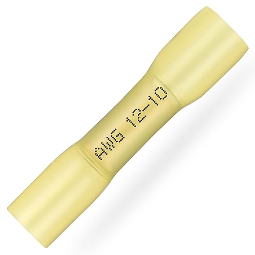 haisstronica 50PCS Yellow Heat Shrink Butt Connectors AWG12-10,Marine Grade Waterproof Heat Shrink Wire Connectors,Tinned Red Copper 1mm,Insulated Crimp Butt Splice Electrical Connectors