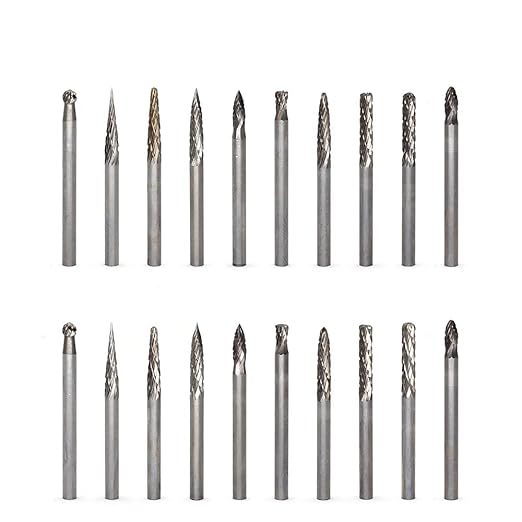 20pcs Solid Carbide Burr Set 0.118‘’（3mm）shank Tungsten Carbide Rotary Files Burrs with 3mm Cutting Head diameter Fits Most Rotary Drill Die Grinder for Woodworking,Engraving,Drilling,Carving