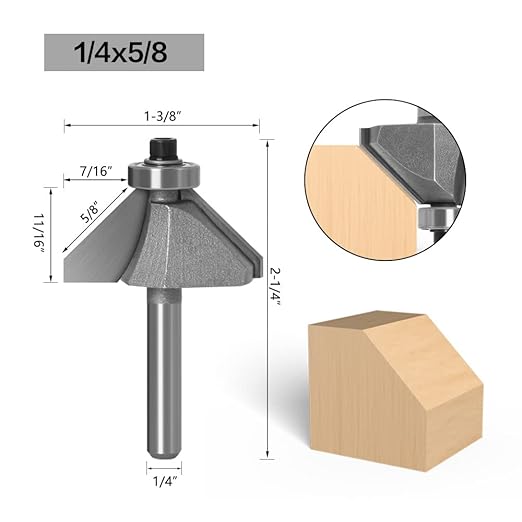 WSOOX 45 Degree Chamfer Router Bits with 1/4" Shank 4PCS Bevel Edge Forming Router Bits (Cutting Diameter:5/8",3/4",7/8",1")