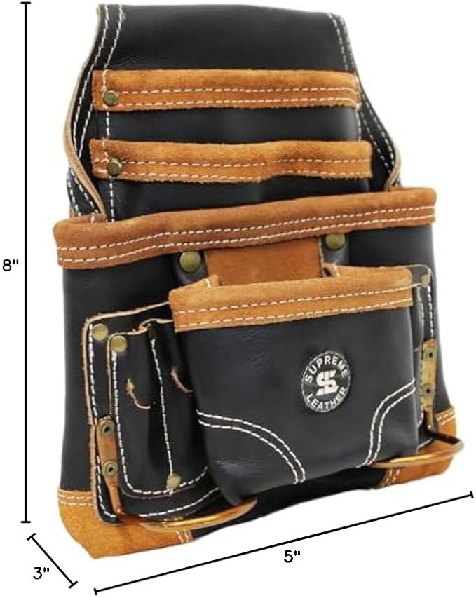 Supreme Leather Tool Pouch for Construction Carpenter Tool Bag Electrician's Pouch | 10 Pockets 2 Stainless Steel Hammer Holders Top Grain Leather Bag