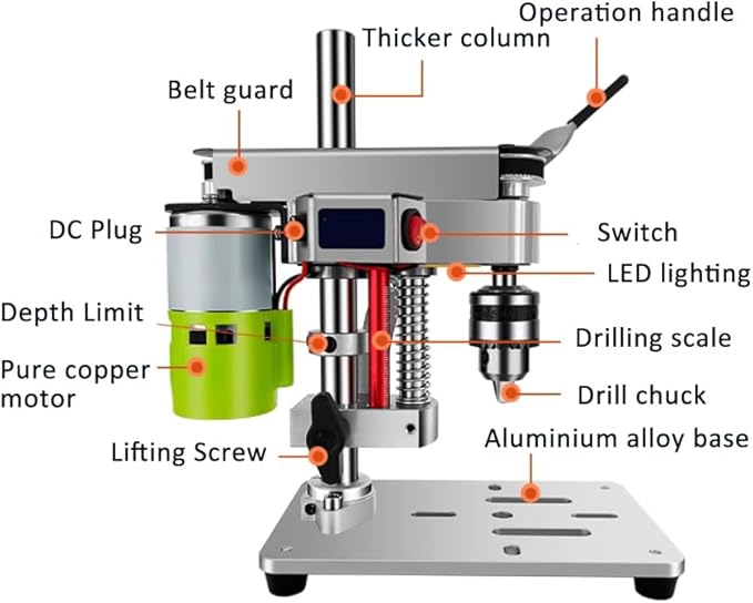 RATTMMOTOR DIY Benchtop Drilling Machine 110V-220V, Mini Desktop Variable Speed Drill Press 12mm Stroke, 3000RPM 795 Motor with Bench Vise Clamp, B10 Drill Chuck 0.6-6.5mm for CNC Machining