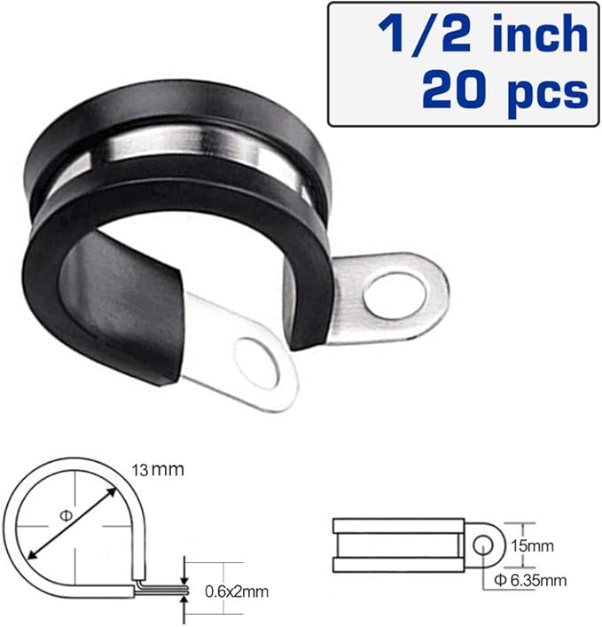 HOLYBEAR 1/2 Inch Stainless Steel Cable Clamp, Rubber Insulated Metal Conduit Wire Holder Strap Clips for Pipe, Tube, Hose Bracket (13mm, 20pcs)