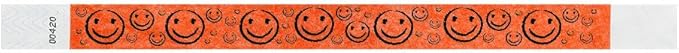 500 WristCo Neon Orange Smiley Face Tyvek Wristbands for Events - ¾” x 10” - Waterproof Recyclable Comfortable Tear Resistant Paper Bracelets Wrist Bands for Concerts Festivals Admission Party