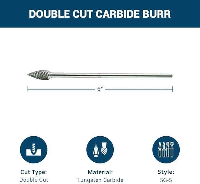 Benchmark Abrasives 6” Pointed Tree Shape Double Cut Tungsten Carbide Die Grinder Bits Metal Deburring Tool Rotary Burr, 1/4 Inch Shaft, Engraving Tool for Woodworking Shaping Carving (SG-5)
