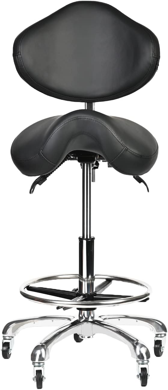 Saddle Stool Rolling Chair Tall with Backrest Foot Rest Hydraulic Swivel Adjustable Height Ergonomic Tilt Thick Seat with Casters for Dental Hygienist Eyelash Technician Hairstylist Black