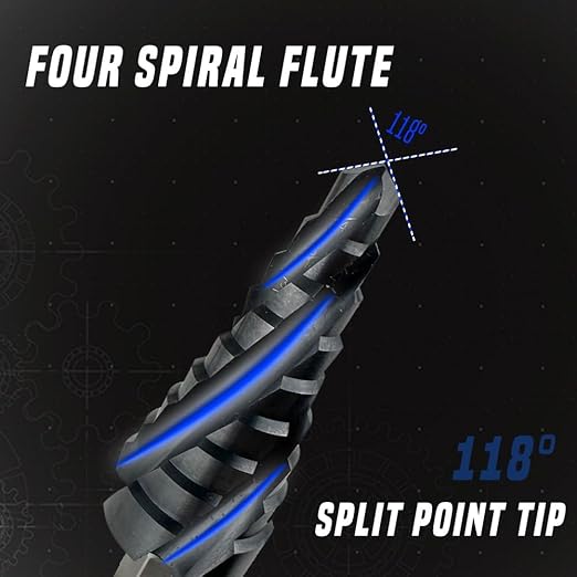 Four Spiral Flute Step Drill Bit, 1/4" - 3/4"(9 Sizes) 1/4" Hex Shank Cobalt Step Drill Bit Fully Coated with TiAlN for Metal, Stainless Steel, Aluminum, Plastic