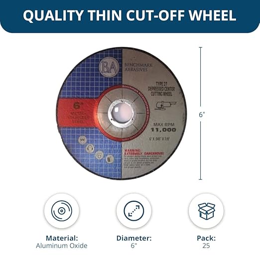 Benchmark Abrasives 6 Inch Aluminum Oxide Depressed Center Thin Type 1 Grinder Cut Off Wheels for Metal and More - .045" Thick 7/8" Arbor, Angle Grinder Cutting Disc, Grinding Cutting Wheel - 25 Pack