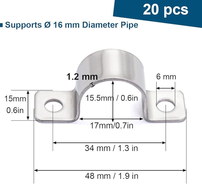 5/8 Inch Stainless Steel Conduit Clamps 2 Hole Pipe Clamps U-Shape Bracket Conduit Fixing Clips, Universal Clamp for Cylindrical Components - Fits OD 16 mm (Approx.5/8") | 20 Pcs
