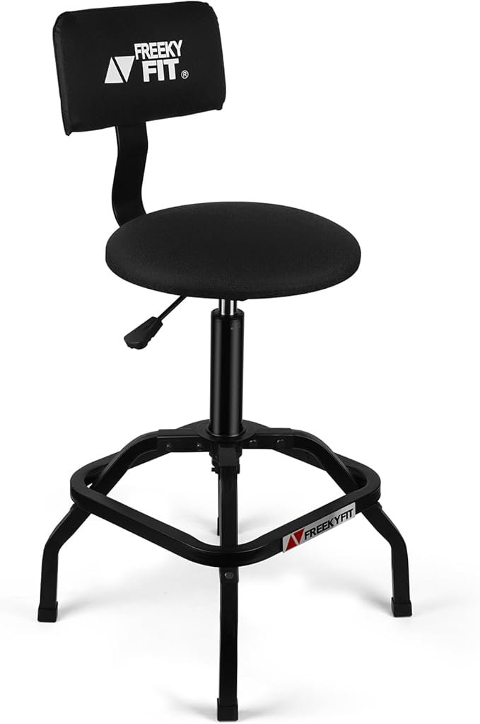Shop Stool with Backrest, Mechanic Garage Stool for Workshop, Adjustable Stool Chair, Padded Workbench Stool for Men Women, 300 LBS Capacity, 360° Swivel PVC Seat, Heavy Duty, Black