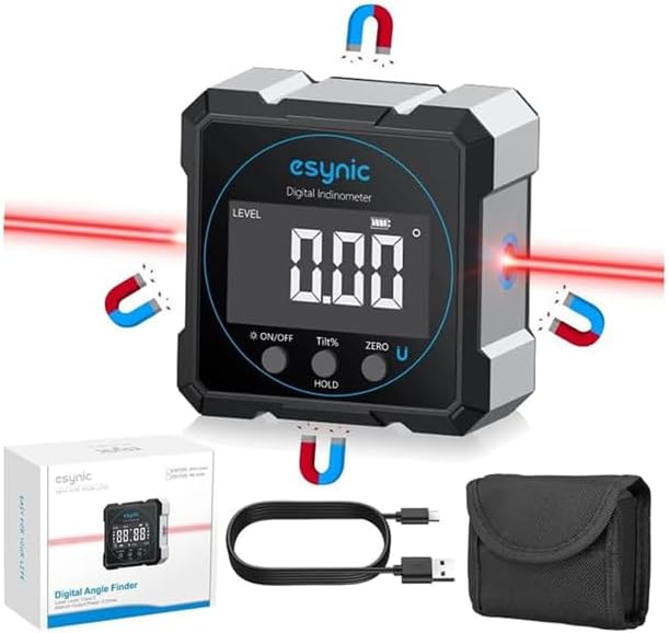eSynic Portable Digital Angle Finder with Laser Waterpoof 4 Sides Magnetic Digital Inclinometer Level Box Backlight LCD Display Rechargeable Digital Angle Gauge (Laser Level Class II,Output: 0.51mW)