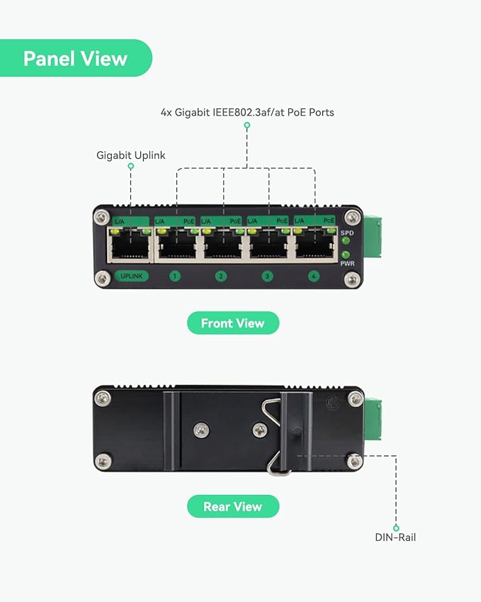 LINOVISION Industrial 5 Ports Gigabit Solar POE Switch with DC9V-54V to DC48V Voltage Booster,4 x IEEE802.3af/at 30W POE Ports @120W, IP40, Compact POE Power for Solar Power/RV Truck/VoIP Systems