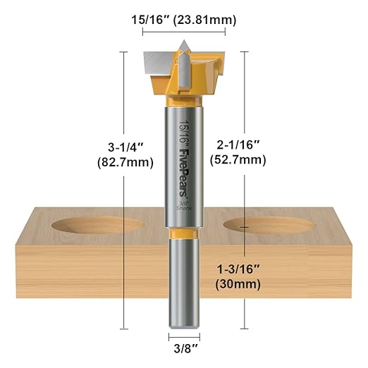 FivePears Forstner Drill Bit 3/8 inch Shank, 15/16 inch Cutting Diameter, Carbide Tipped Wood Hole Saw Auger Opener, Hole Opener Hinge Hole Cutter for Woodworking, Plastic, Plywood Products