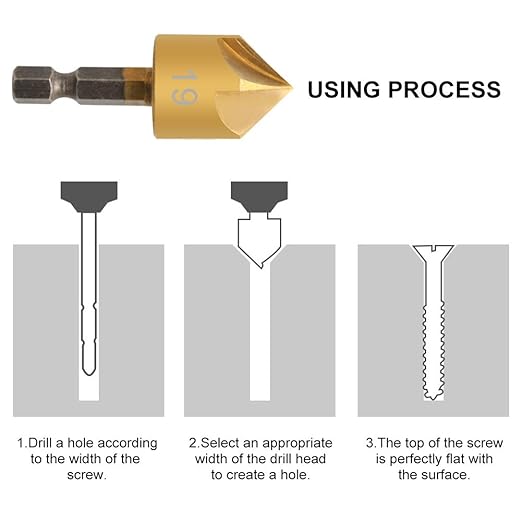 COMOWARE Countersink Drill Bit Set- 7 Pcs Counter Sinker Drill Bits for Wood, Quick Change, 1/4'' Hex Shank, High Speed Steel, 5 Flute 90 Degree Center Punch Tool, 1/4''-3/4''