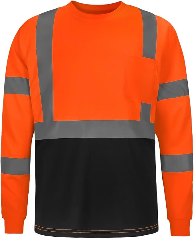 High Visibility Class 3 T Shirts，Hi Vis Safety Shirts with Reflective Strips and Pocket, Long Sleeve Quick Dry Mesh Construction Work Shirt for Men/Women Black Bottom Orange,XL