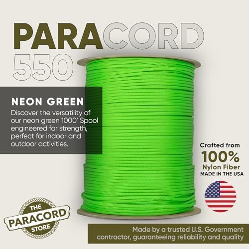 The Paracord Store | Type III 550 Paracord - 1000 FT Spool, Neon Green | Heavy Duty 7 Strand Tactical Paracord - USA Made Nylon Outdoor Parachute Cord for Camping, Fishing & More - Survival Cord
