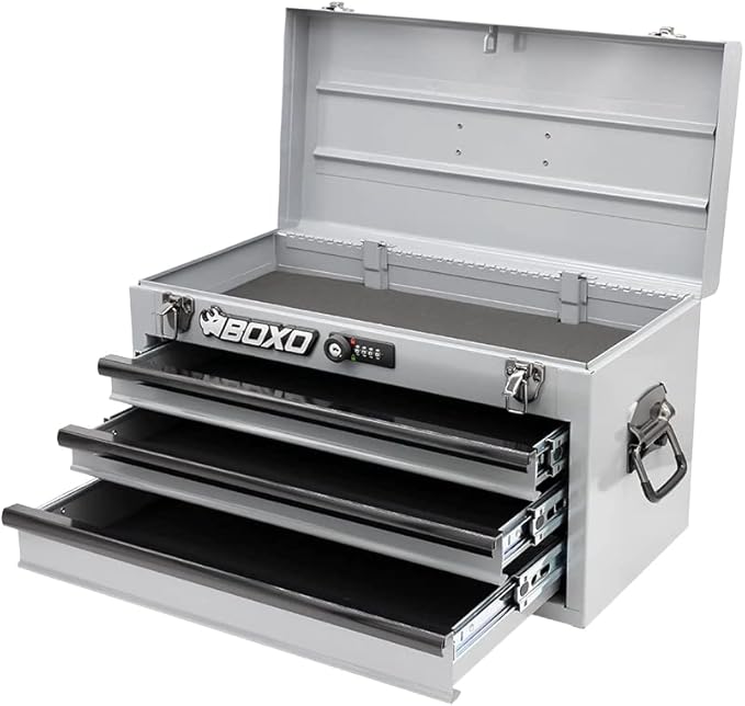 Boxo USA Hand Carry Tool Box 3-Drawer Heavy Duty Steel Toolbox with Lock System (Nardo Gray)