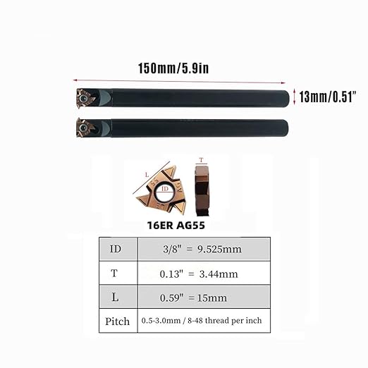 Lather Threading Tool Bit Set External Internal Threading Boring Bars Turning Tool Holders with 11IR AG60 16ER 16IR AG60 Carbide Threading Inserts (2pcs Boring Bars + 16ER IR AG55)