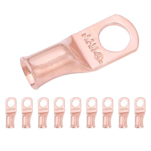 SELTERM 10pcs 2 AWG - 3/8" Stud - Battery Lugs, Heavy Duty Wire Lugs, Ring Terminals, Battery Cable Ends,2 Gauge Terminals, UL Bare Copper Eyelets Electrical Battery Terminal Connectors