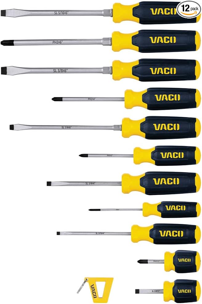 VACO VAC7122 12-Piece Screwdriver Set with Magnetizer, Phillips and Slotted Drivers, Laser-Etched Precision Blades and Comfort Handles