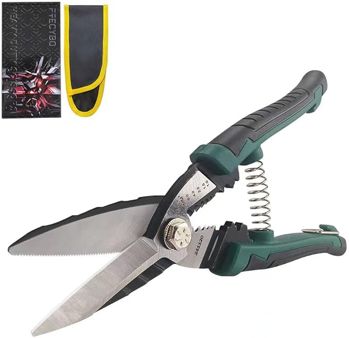 Heavy Duty Industrial Scissors 8.5'', Electrician Scissors with Finely Serrated CR-V Powerful Blades, Easy Cutting Wires, Cardboard, Plastic, Carpet, Wire Stripping and Crimping
