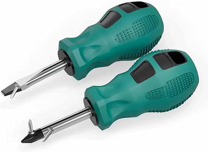 Buspoll Rubber Anti-Skid Handle Stubby Screwdriver Set, 6mm x 38mm Slotted/Phillips, Magnetic Head
