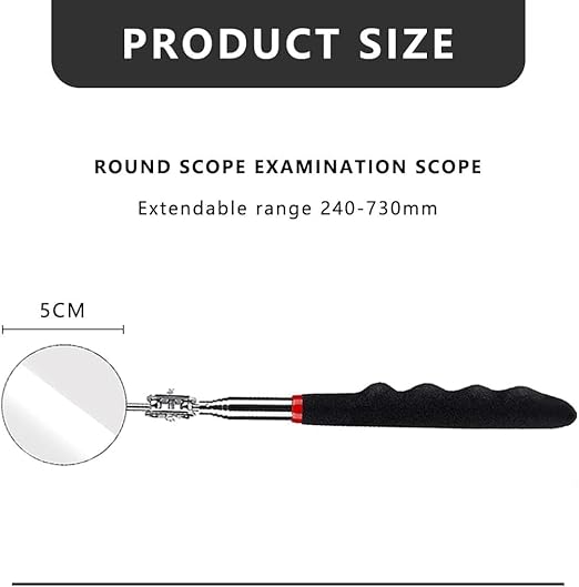 6 Pcs Extended Handle Telescopic Mirror Set - Car Inspection Mirror, 50mm Diameter, Round Handle, 360-Degree Rotation, Stainless Steel Universal Folding Telescopic Round Mirror (Black)