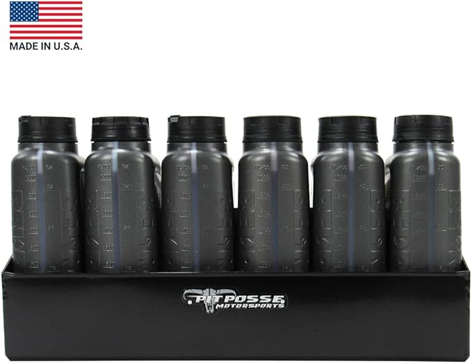 Pit Posse 563BK Oil Shelf Caddy Six Bottle Rack Holder- Made in USA - Holds 6 Quarts of Automotive Motor Engine Oil - Enclosed Race Trailer Shop Garage Aluminum Storage Organizer (Black)