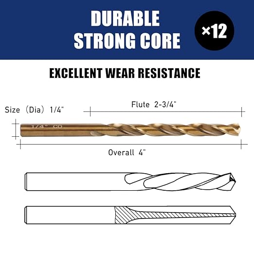 12pcs 1/4" Cobalt Drill Bit Set, M35 HSS, 135 Degree Tip, M35 Jobber Drill Bits for Metal, Stainless Steel, Cast Iron, Wood, Plastic, Fully Ground from Pro Edge Technology