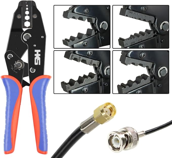 HKS Coax Ratchet Crimping Tool Set for Coaxial RG Cable RF Connector with 5 Changeable Dies