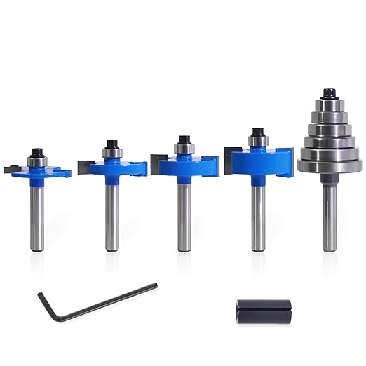 MNA 4Pcs Rabbet Router Bits 1/4" Shank with 6 Bearings Set, 1/16", 1/8", 3/16", 1/4", 5/16", 3/8" Bearings, Interchangeable Bearings with 1/2" to 1/4" Router Collett, Slot Router Bits