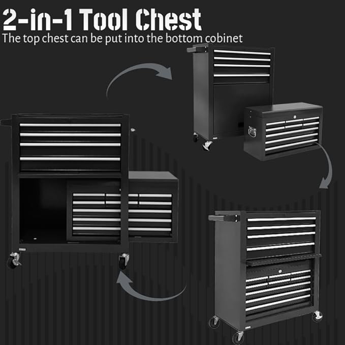 13 Drawer Rolling Tool Chest with Wheels, 2 in 1 Detachable Tool Chest with Drawers, Large Tool Box with Lock, Metal Tool Cabinet for Garage Workshop(Black)
