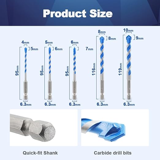 Carbide Drill Bit Set - Dry Drill Bit Set for Masonry, Concrete, Bricks, Wood, Plastic etc(4/5/6/8/10MM Quick-fit Shank)