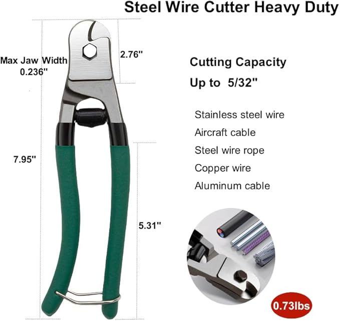 Steel Wire Cutters Heavy Duty 8-Inch Cable Cutting Pliers Wire Rope Cutter Sharp Stainless Steel Cable Cutters 5/32" Comfortable Safety Spring-loaded Handle One-Handed Bike Cable DIY Projects
