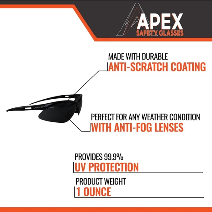 Malta Dynamics APEX Safety Glasses – Construction Safety Glasses for Men and Women with Anti Scratch and Anti Fog Protection, ISEA & ANSI Z87 Compliant (Tinted, 12 Pairs)
