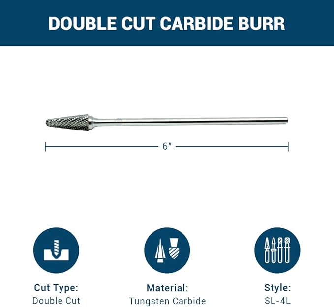 Benchmark Abrasives 6” Taper Shape Radius Double Cut Tungsten Carbide Die Grinder Bits Metal Deburring Tool Rotary Burr, 1/4 Inch Shaft, Engraving Tool for Woodworking Shaping Carving (SL-4)
