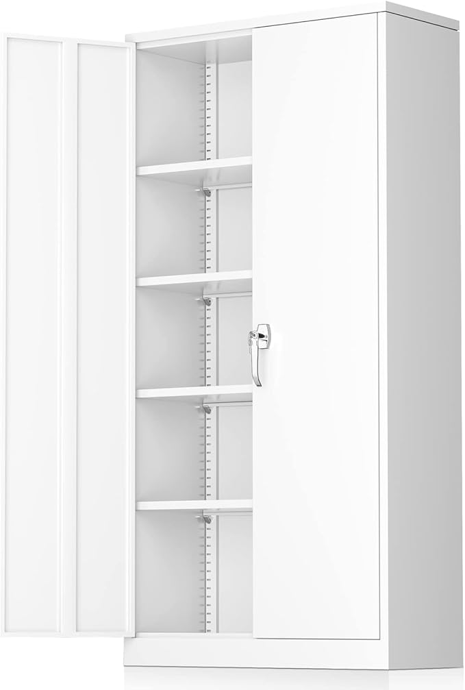 Greenvelly White Metal Storage Cabinet for Garage, 72” Steel Locking Cabinet with Doors and 4 Shelves, Tall Tool Organizer for Garage Systems Lockable File Storage for Home Office, Classroom