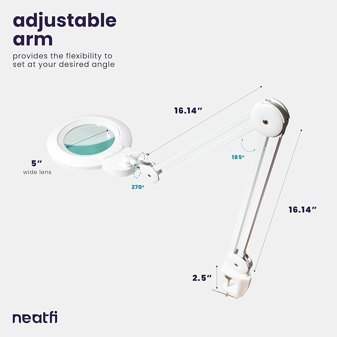 Neatfi (New Model) 1,200 Lumens LED Magnifying Lamp with Clamp, 8 Diopter, Correlated Color Temperature Control, 12W, 120 Pcs SMD LED (White, 5 Inch Lens)