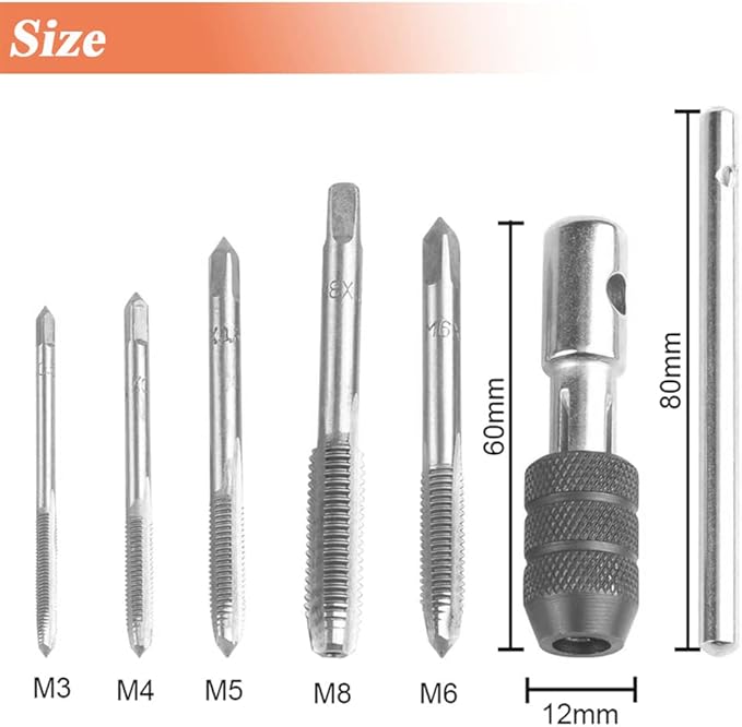 Mesee 6 Pcs Tap Wrench Tool Set, Adjustable T-Handle Ratchet Tap Holder Wrench Machine Screw Thread Metric Plug T-Taps with M3 M4 M5 M6 M8 Taps for Metal/Aluminum/Plastic/Wood