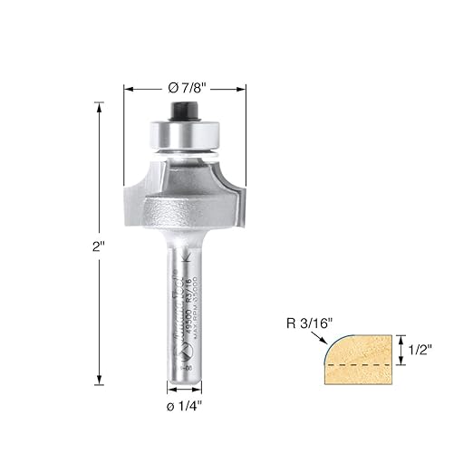 Amana Tool - 49500 Carbide Tipped Corner Round 3/16 Radius x 7/8 Dia x 1/2 x 1/4" Shan