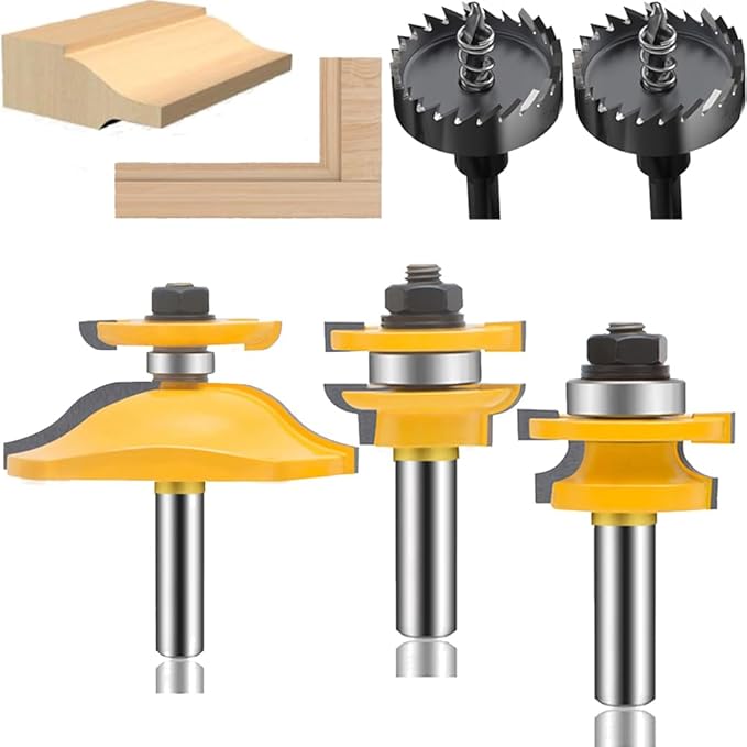 LEATBUY 3 PCS Router Bit Set 1/2 Inch Shank, Round Panel Cabinet Door Rail Stile Router Bits, Woodworking Wood Cutter, Table Carbide Groove Tongue Milling Tool(1/4-single)