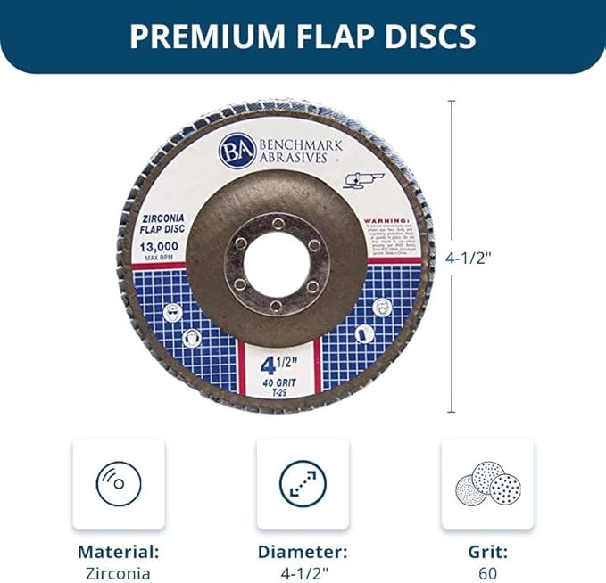 Benchmark Abrasives 4.5" x 7/8" Premium Zirconia T29 Angled Flap Discs 4 1/2 for Angle Grinder, Sanding Discs, Finishing, Rust, Stock Removal- Grinding Wheels 4 1/2 Inch (100 Pack) - 60 Grit