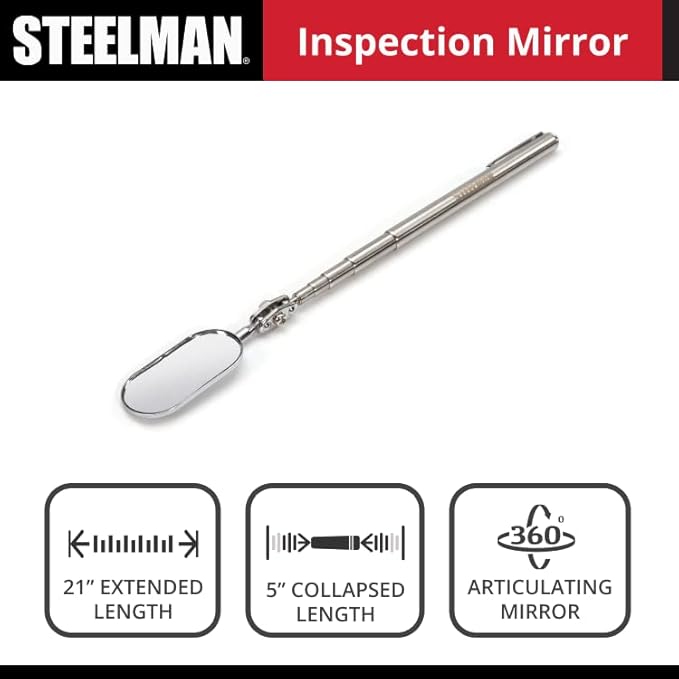 Steelman 21-Inch Telescoping Auto Inspection Mirror, Articulating 1 x 2-Inch Rounded Rectangular Mirror, Pocket Clip, Plated Brass