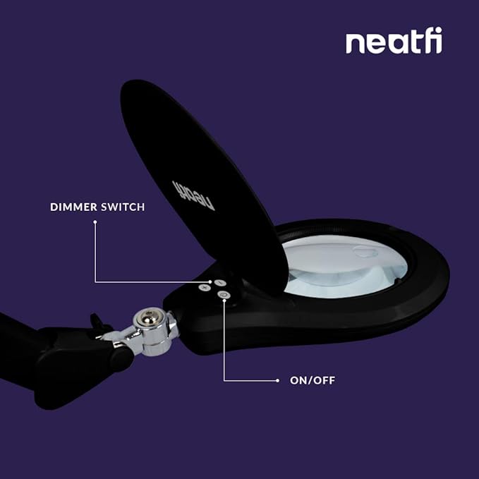 Neatfi LED Magnifying Lamp with Clamp, Dimmable, 6500K Color Temperature, Glare-Free, for Sewing, Painting, Jewelry Making, and Reading (Black, 6 Inch Glass Lens)