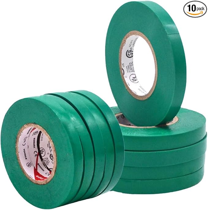 WOD ETC766 Professional Grade General Purpose Green Electrical Tape UL/CSA Listed core. Vinyl Rubber Adhesive Electrical Tape: 3/8 inch X 66 ft - Use at No More Than 600V & 176F (Pack of 10)