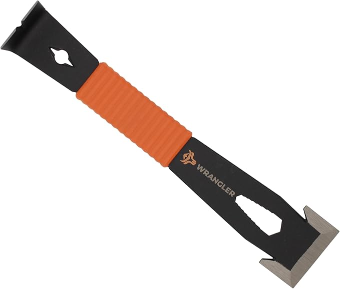 9.5" Trim Bar Pry Bar - Patented Small Pry Bar with Bolt Remover & Nail Puller for Home Improvement & Construction - Flat Bar with Shock-Absorbing Grip & Wide Winged Ends