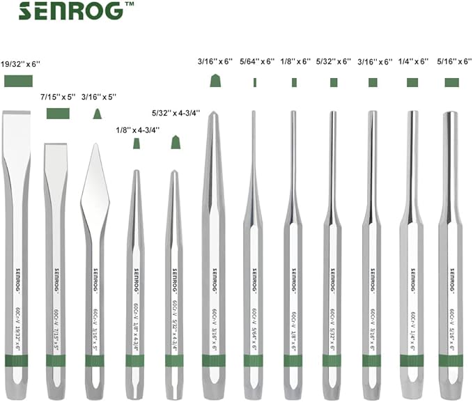 12-Piece Punch and Chisel Set, Including Pin Punch, Cold Chisel, Taper Punch, Center Punch, Carrying Case, Widely Used in Factories, Repair Shops, Home
