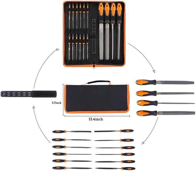 17Pcs File Tool Set with Carry Case,Premium Grade T12 Drop Forged Alloy Steel, Precision Flat/Triangle/Half-round/Round Large File and 12pcs Needle Files/1 brush
