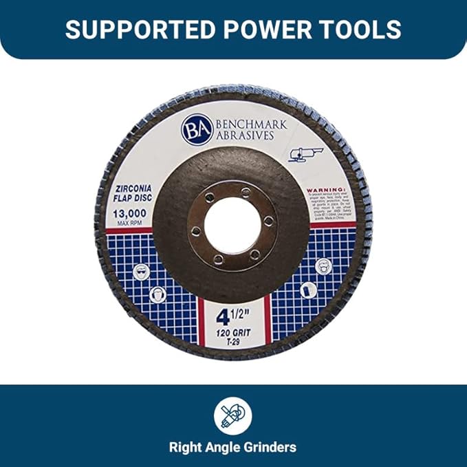 Benchmark Abrasives 4.5" x 7/8" Premium Zirconia T29 Angled Flap Discs 4 1/2 for Angle Grinder, Sanding Discs, Finishing, Rust, Stock Removal- Grinding Wheels 4 1/2 Inch (100 Pack) - 120 Grit