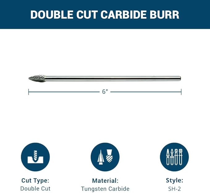 Benchmark Abrasives 6” Flame Shape Double Cut Tungsten Carbide Die Grinder Bits Metal Deburring Tool Rotary Burr, 1/4 Inch Shaft, Engraving Tool for Woodworking Shaping Carving (SH-2)