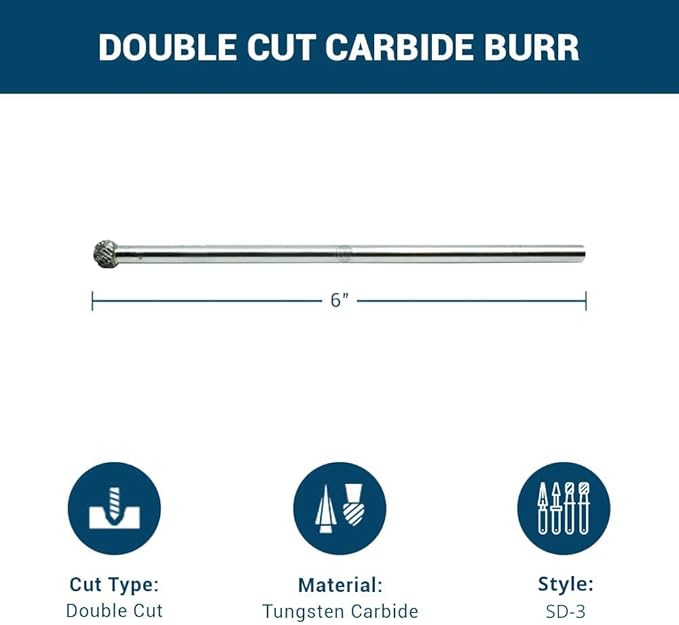 Benchmark Abrasives 6” Ball Shape Double Cut Tungsten Carbide Die Grinder Bits Metal Deburring Tool Rotary Burr, 1/4 Inch Shaft, Engraving Tool for Woodworking Shaping Carving (SD-3)